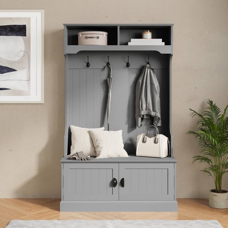 4 Hook Hallway Tree with Storage Bench and Upper Cubbies - Gray
