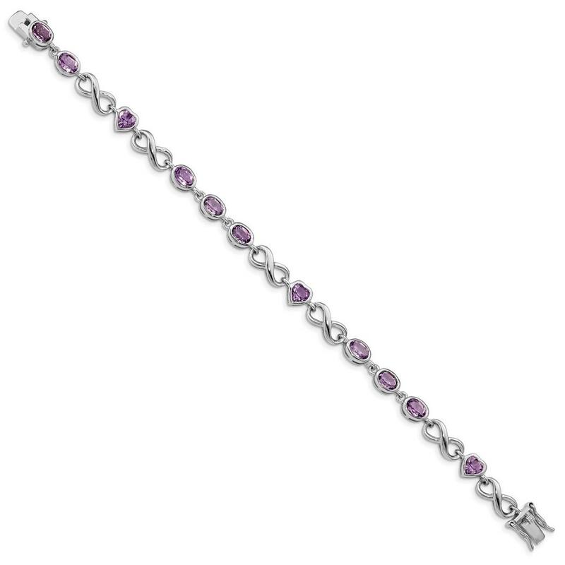 Curata 925 Sterling Silver Polished Box Catch Closure Oval Love Heart Amethyst Bracelet
