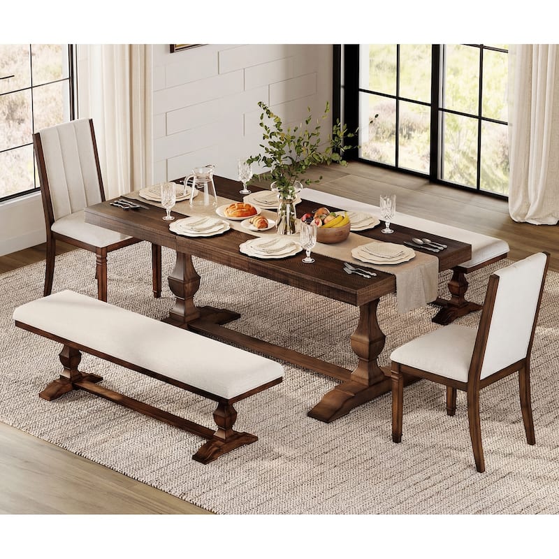 5-pieces Farmhouse Dining Table for 6, 74.8" Kitchen Table Set with 2 Benches and 2 Chairs, Solid Wood Legs and Cushion Seat - Espresso