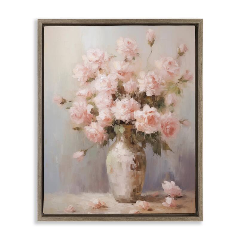 Stupell Vase of Soft Pink Roses Framed Floater Canvas Wall Art Design By Arlington Prints - 25 x 31 - Brown
