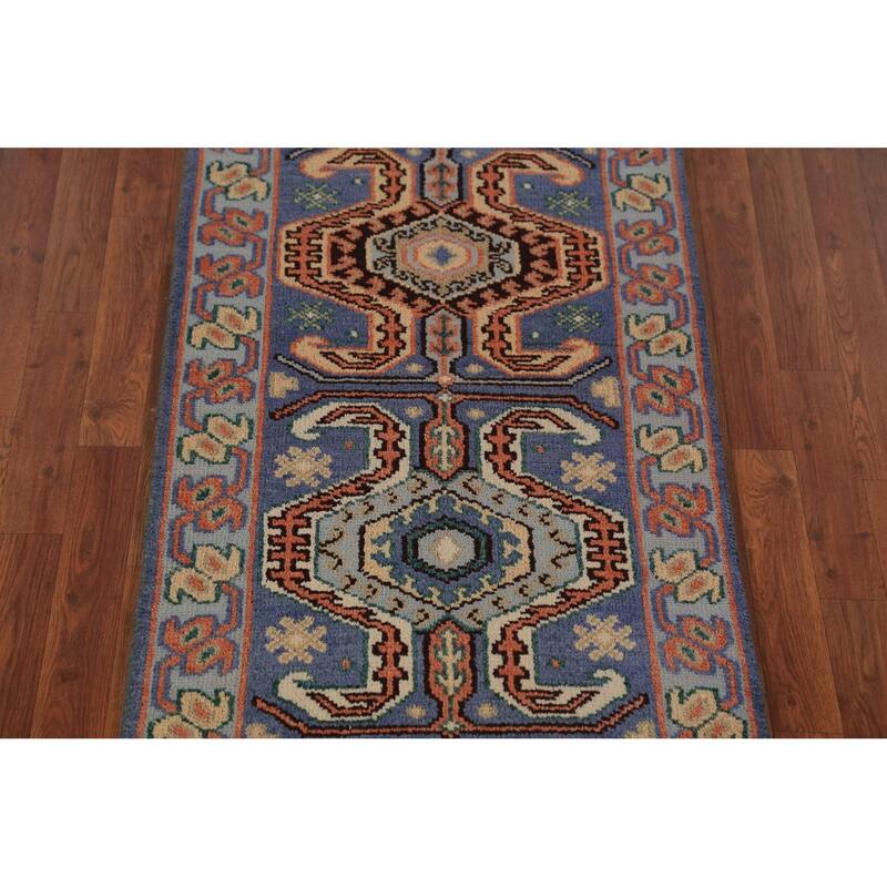 Geometric Kazak Indian Runner Rug Handmade Blue Wool Carpet - 2'6"x 9'10"
