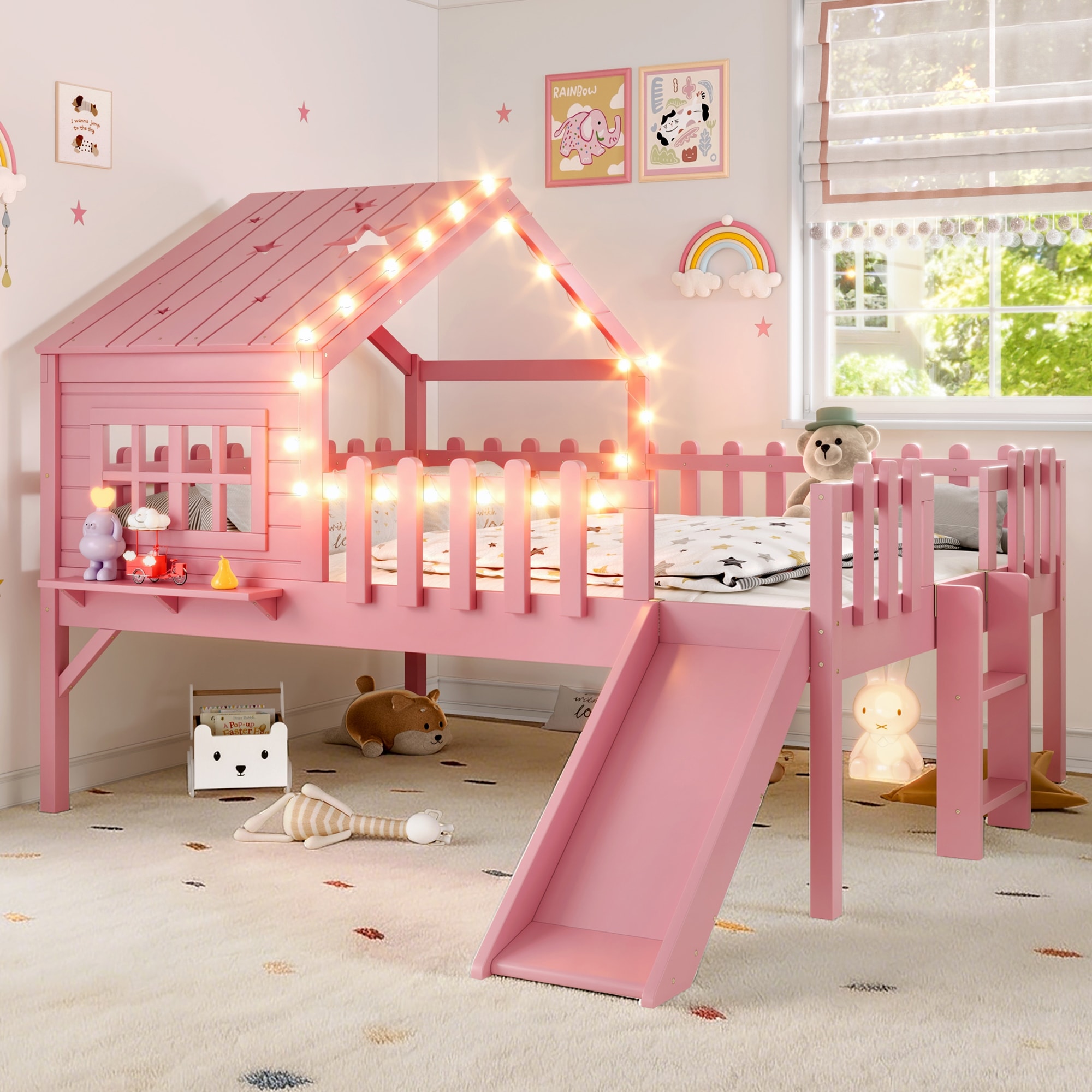 Full Size House Loft Bed with Slide,Playhouse Bed with Star Moon-shaped Designs and Window, Chic Design with LED Lights