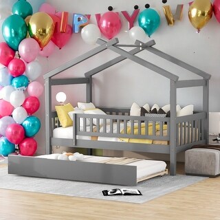 Twin Size Wooden House Bed With Twin Size Trundle