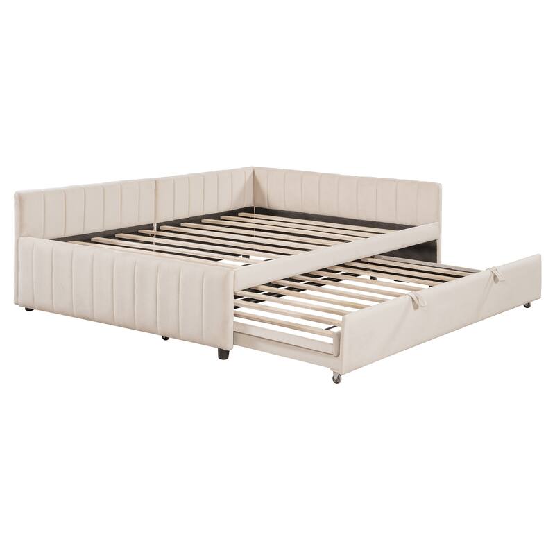 Full Size L-Shaped Daybed with Twin Pop-Up Trundle Upholstered Storage Bed (650lbs Capacity)