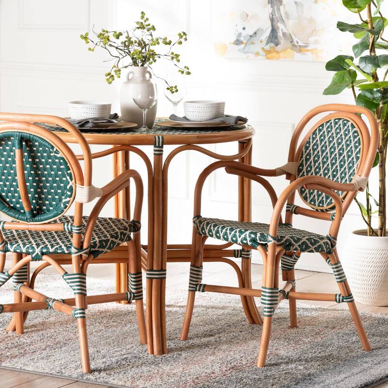 Mattie Rattan Bistro Chair - Handwoven Cafe-Style Dining Chair with Curved Arms for Kitchen or Indoor/Outdoor Lounge
