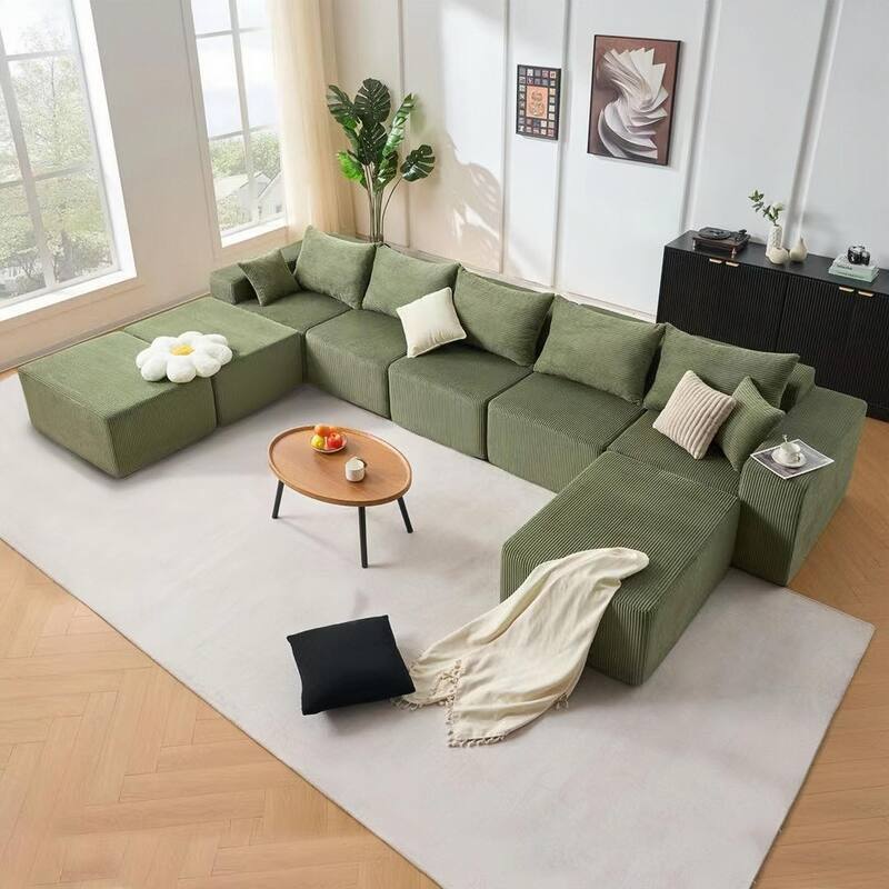 Modular Sleeper Sectional Sofa Bed Convertible Large Corduroy U-shaped Compressed Couch with Chaise Lounge and Spacious Seat