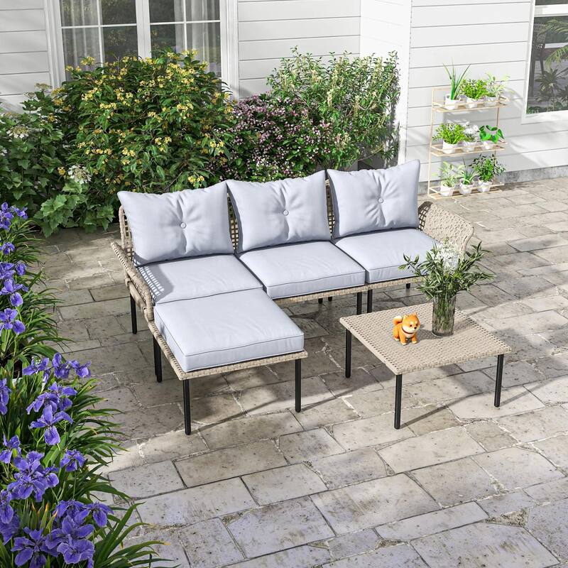 5PCS PE Rattan Patio Set, Sofa Chaise Coffee Table, White Weatherproof