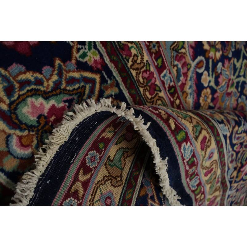Hand Knotted Oriental 100% Wool Carpet Traditional Floral Navy Blue & Blues Kerman Area Rug - 13' 0'' X 9' 11''