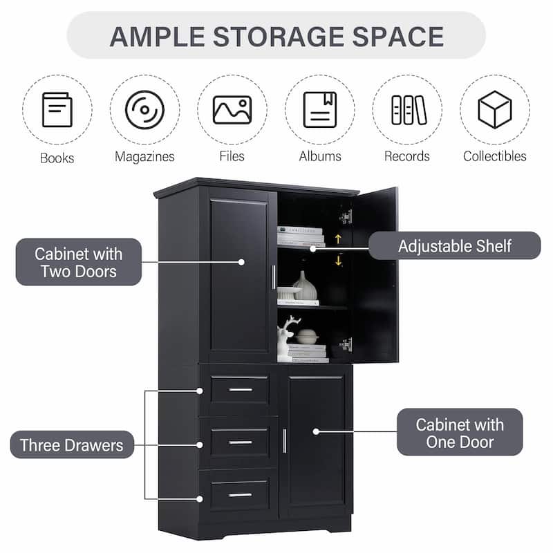 Tall and Wide Storage Cabinet with Doors and Three Drawers