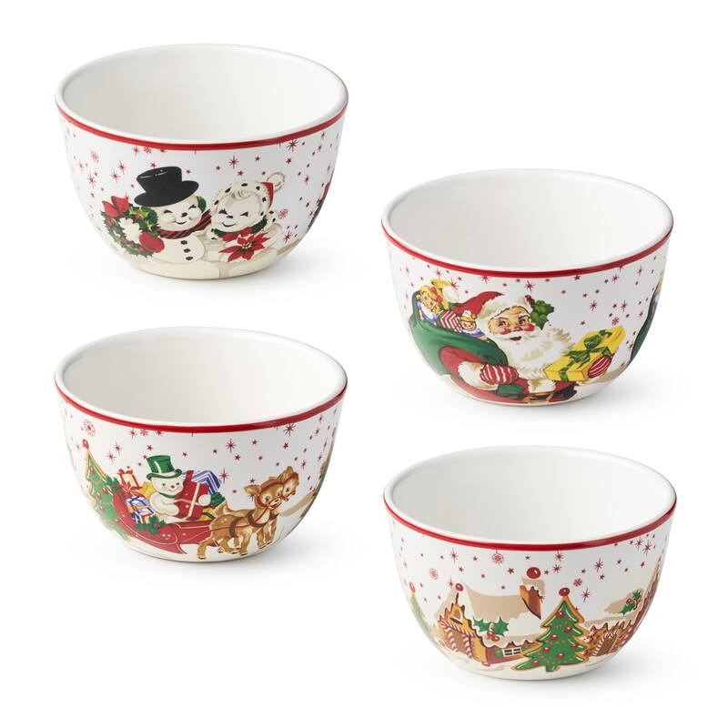 Certifed International Santa's Retro Christmas Set of 4 Ice Cream/Dessert Bowls 5.25" x 3" Assorted Designs