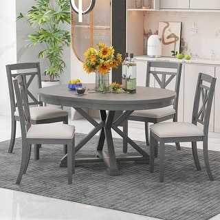 5-Piece Retro Functional Dining Table Set with Extendable Round Table ...