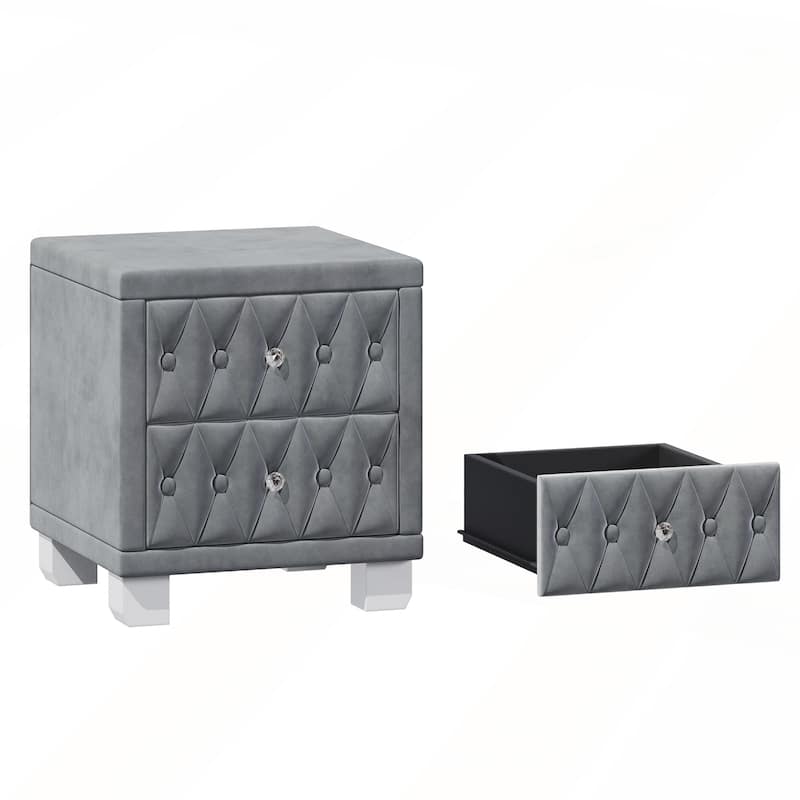 Elegant Velvet Nightstand with 2 Drawers and Crystal Handle