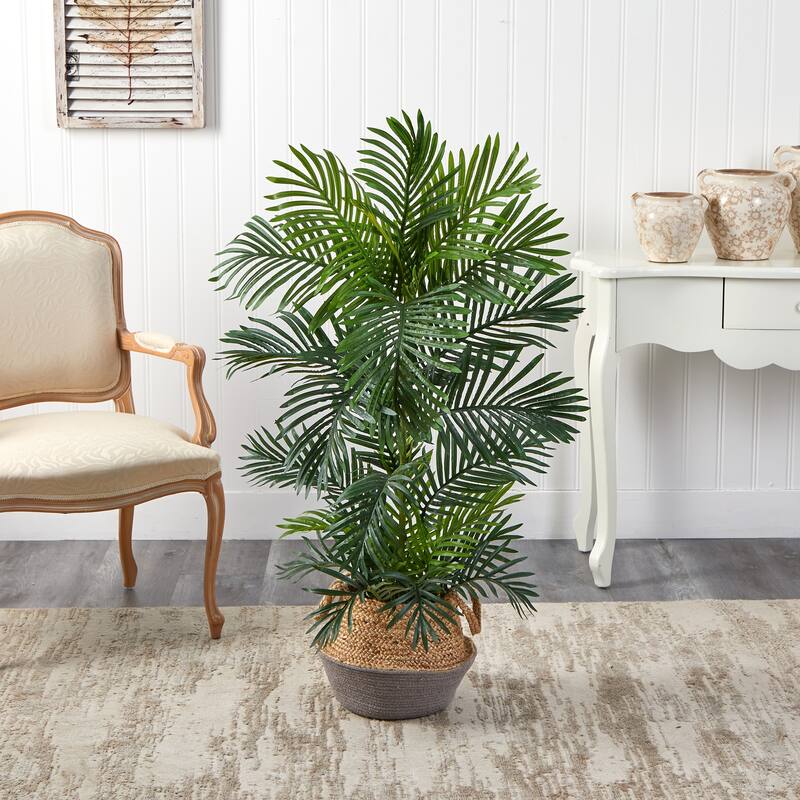 Artificial Palm Tree 4ft Indoor Outdoor - Boho Planter Included - Beachy Decor - Faux Tree for Home & Patio - Green