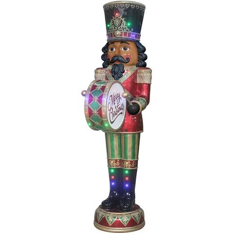 Fraser Hill Farm 6-Ft. African American Christmas Nutcracker Playing Bass Drum w/ Moving Hands, Music, Timer, and 32 LED Lights