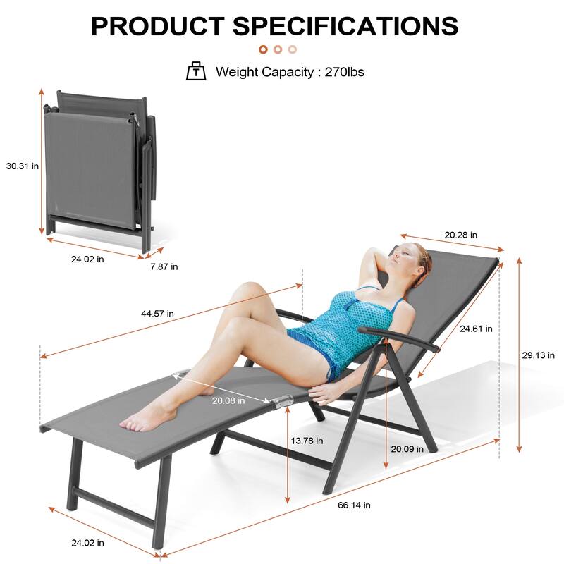 Outdoor Aluminum Folding Recliner Adjustable Chaise Lounge Chairs - See Picture