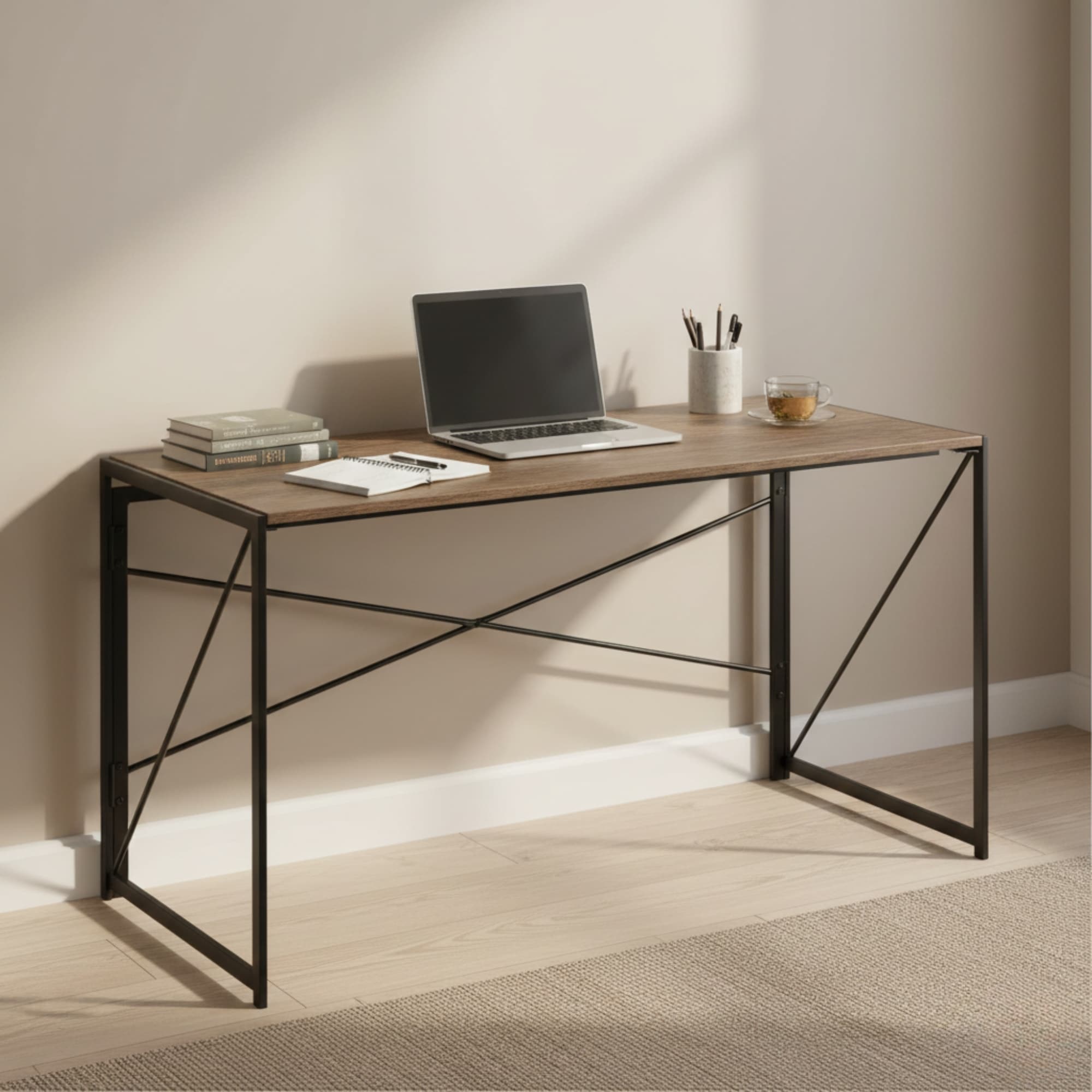 Homylin Folding Writing Desk with Metal Frame, Space-Saving Computer Table, No Assembly Required