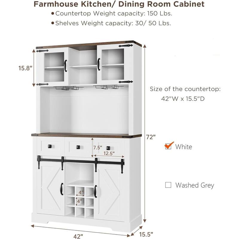 72" Tall Kitchen Pantry Cabinet, Farmhouse Kitchen Hutch Storage Cabinet ，Buffet Sideboard