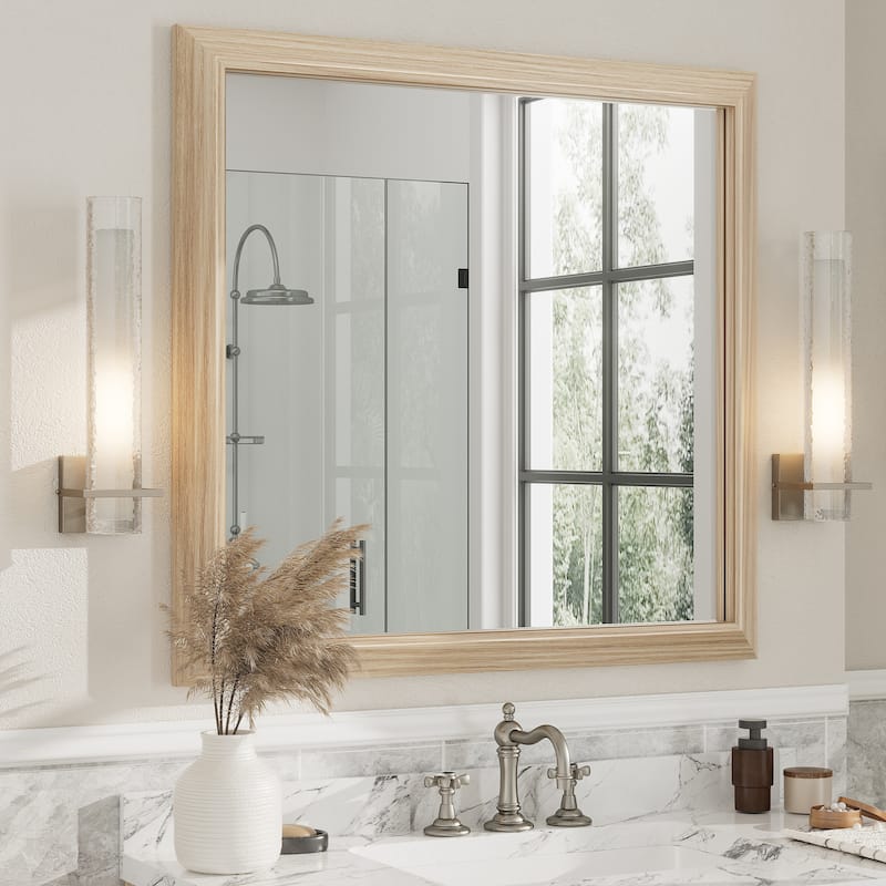 Beveled Metal Rectangle Framed Bathroom Vanity Tempered Glass Mirrors - 40" x 38" - Light Brown