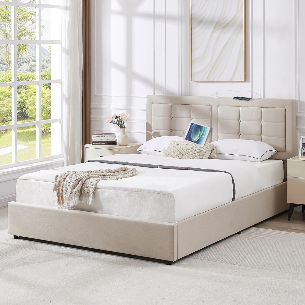VECELO Bed Frame with USB and Type C Ports, Adjustable Tufted Button Headboard, Upholstered Platform Bed Frame