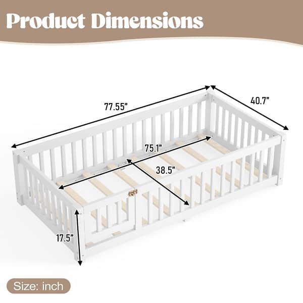 dimension image slide 9 of 16, Wood Floor Bed with Safety Guardrails and Door