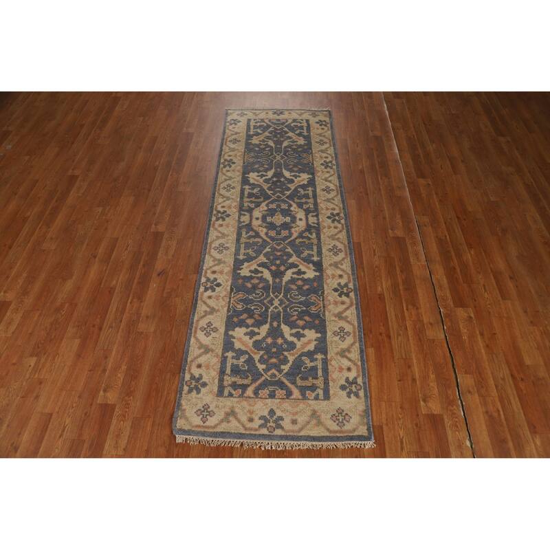 Blue & Beige Oushak Indian Runner Rug Hand-Knotted Wool Carpet - 2'7"x 8'0"