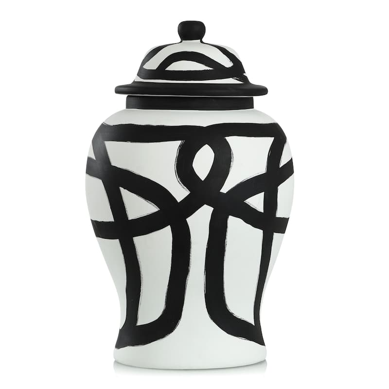 Ginger Jar- Medium - Black And White Finish On Ceramic - 11"L x 11"W x 18"H - Black & White Matte