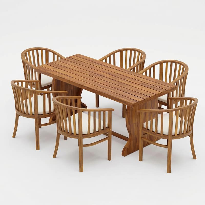 Christopher Knight Home - 7-Piece Outdoor Acacia Dining Set with Curved Back Armchairs, Slat Table & Water-Resistant Cushion