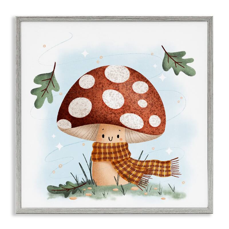 Stupell Happy Mushroom in Scarf Framed Giclee Art Design By Sarah Hickman - 17 x 17 - Grey