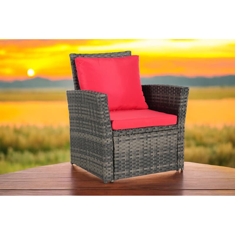 4-Piece Outdoor Patio Furniture Set, Garden Wicker Sofa with Poolside Lawn Chairs, Red Cushions, All-Weather Modular Design