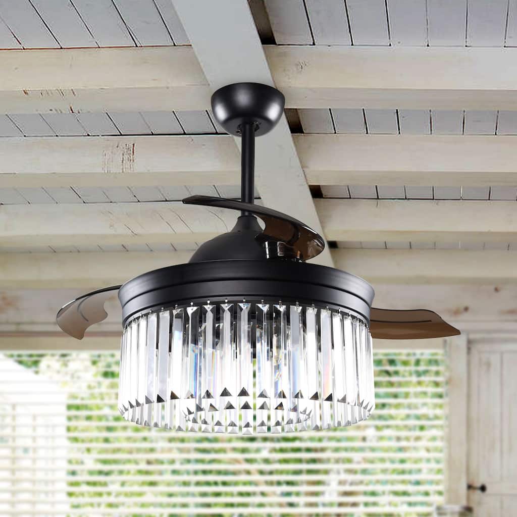 Modern 3-Blade 6-Light Matte Black Retractable Crystal Ceiling Fan with Remote and Light Kit - 42-in D
