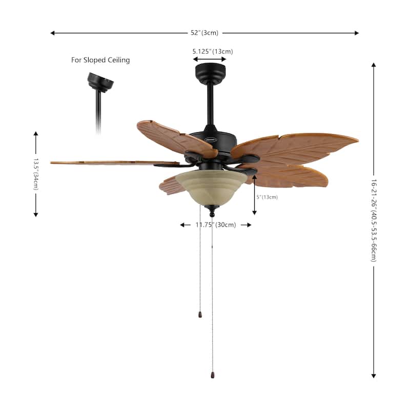 Owen 52" 3-Light Coastal Bohemian Iron/Wood Palm Leaf LED Ceiling Fan with Pull Chain, by JONATHAN Y