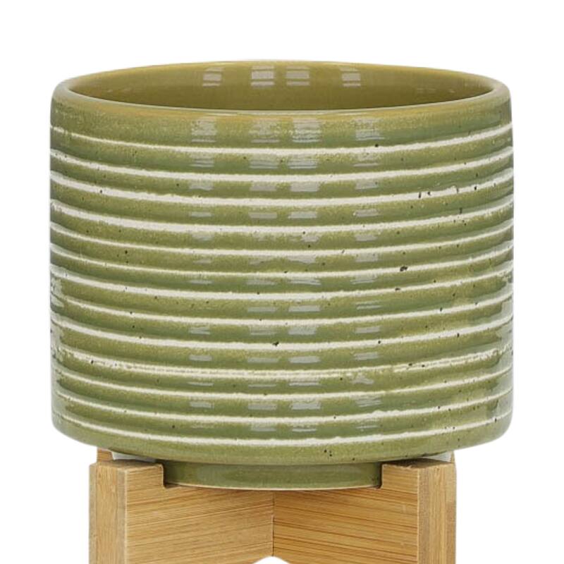 Sagebrook Home Striped Ceramic Planter with Wooden Stand Indoor/Outdoor