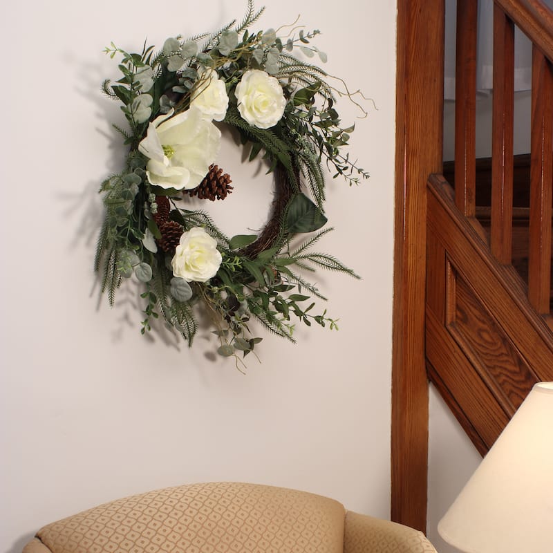 National Tree Company 26 in. Mixed Greens and White Flowers Christmas Wreath - 26 in