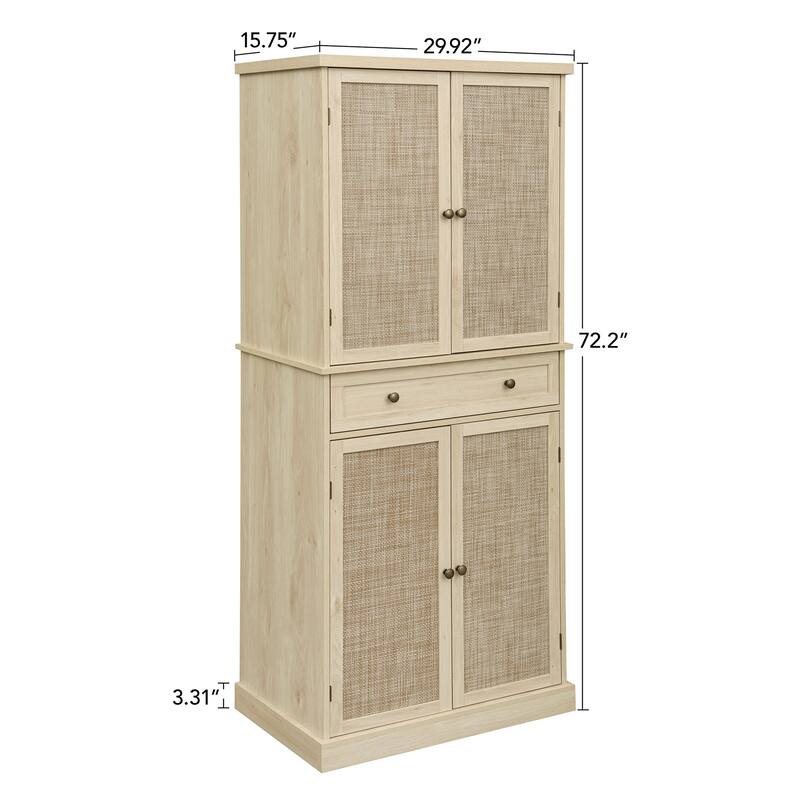 4 Door Storage Cabinet with Drawer, Adjustable Shelves Rattan Accent Cabinet with Anti-Tip Design