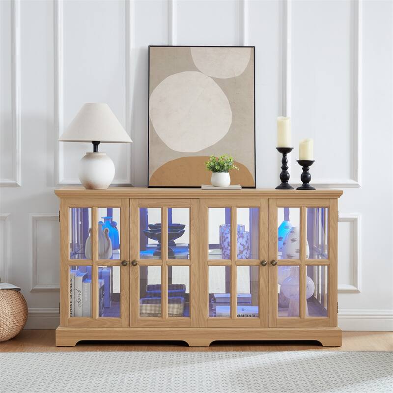 LED Antique Glass Curio Display Cabinet Showcase with 4 Lattice Doors