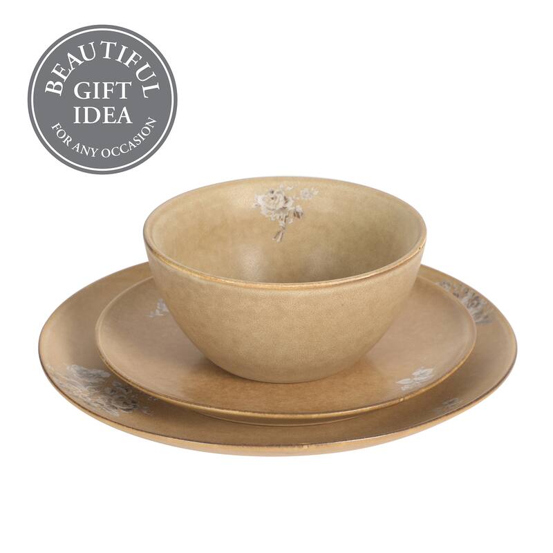 Gibson Elite Valencia Bloom 12 Piece Plates and Bowls Dinnerware Set - Taupe with Floral Decal - Microwave and Dishwasher Safe