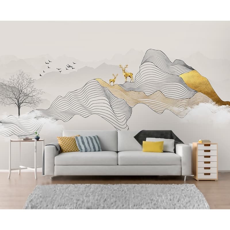 GK Wall Design Abstract Gold Horned Deer Black Stripes Minimalist Wallpaper