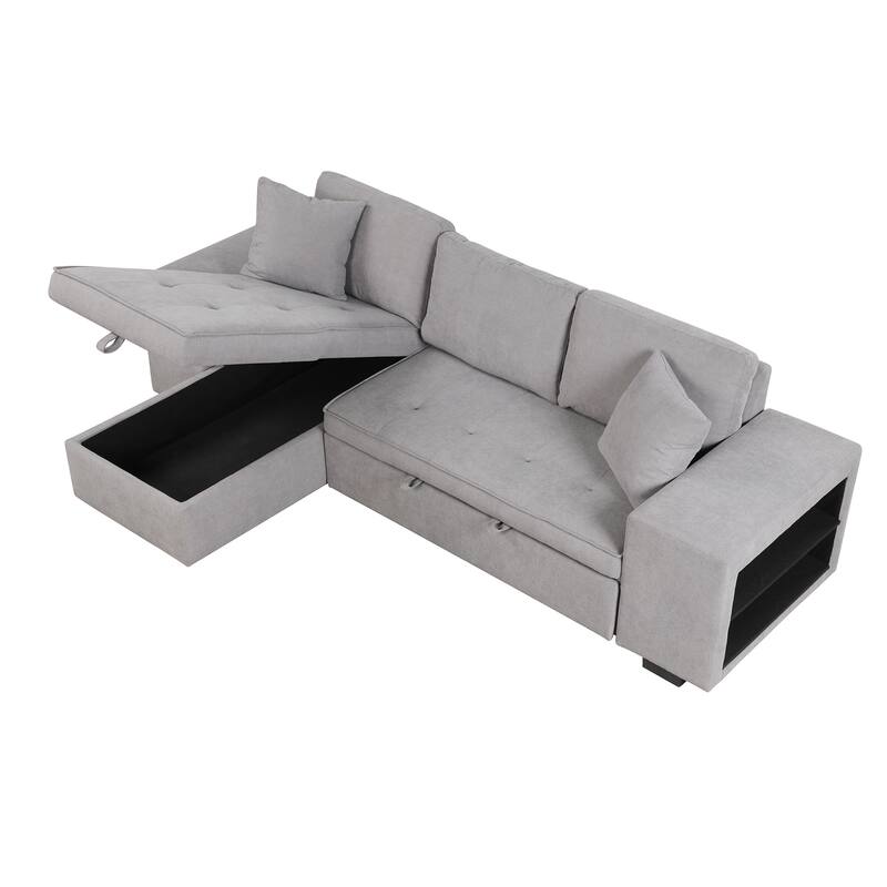 Convertible Sleeper Sectional Sofa, Reversible Sofa with Pull-Out Bed, Storage Chaise & 2 Stools, Linen Upholstered 4 Seat Sofa