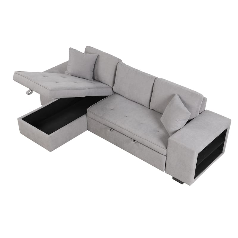 Grey 104.5" Charcoal L-Shaped 3-Seater Convertible Sofa with Pull-Out Bed, Storage Chaise, and 2 Convenient Stools