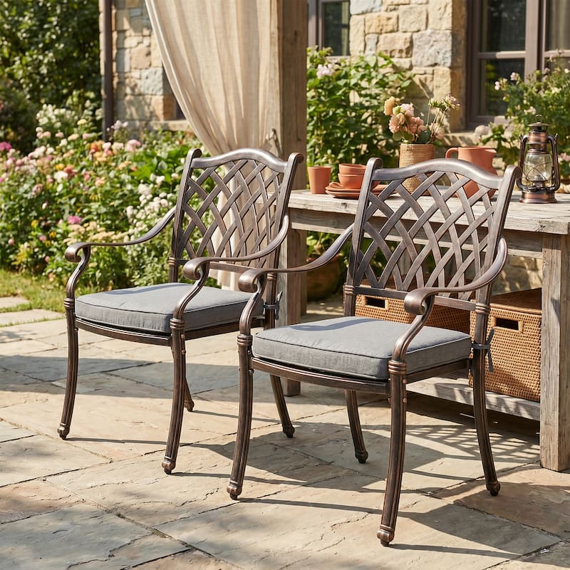 Outdoor Dining Chairs Bronze Cast Aluminum French European Inspired Design with Cushion Set of 2