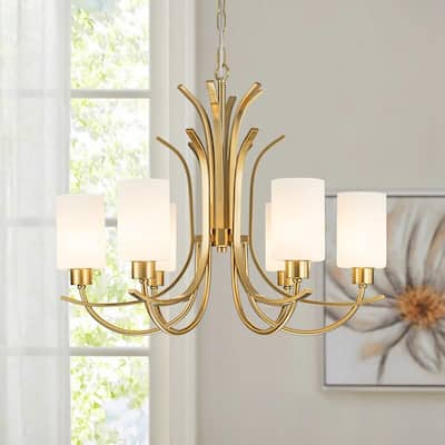 Mid-century Brass 6-Light Cylinder Milk Glass Chandelier