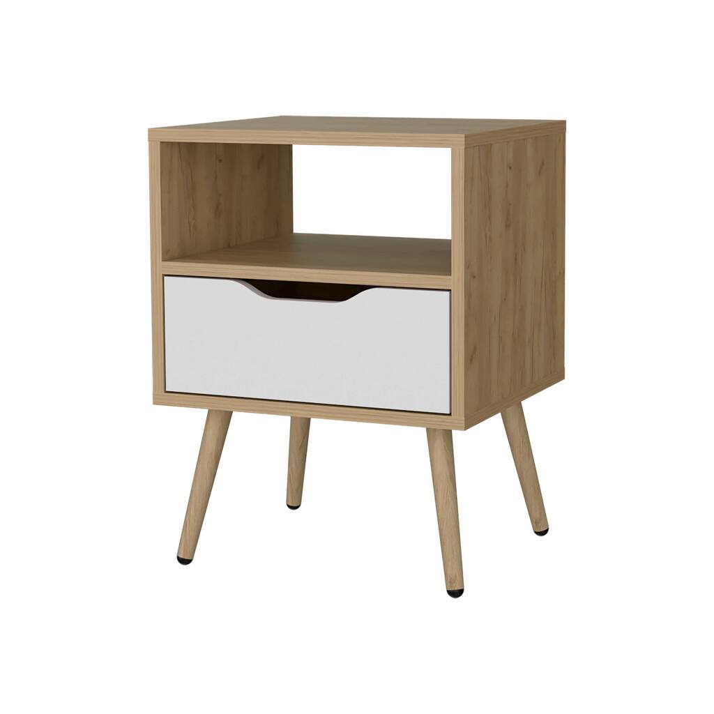 Natural Oak and White Nightstand with Open Storage