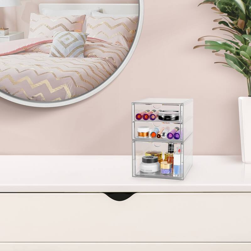 Sorbus Clear Storage and Organizer Bins with 3 Drawers, Multipurpose Stackable Storage Cases 2 Pcs - 11.8in x 6.9in x 4.1in