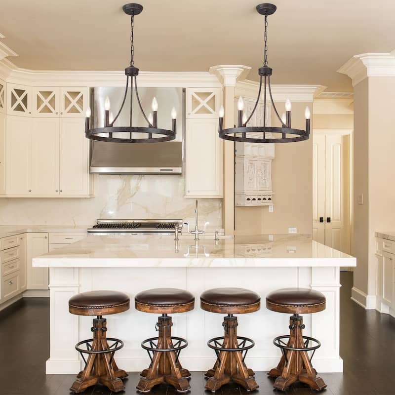 6-Light Farmhouse Candle Circle Hanging Wagon Wheel Chandelier Lighting for Kitchen Island