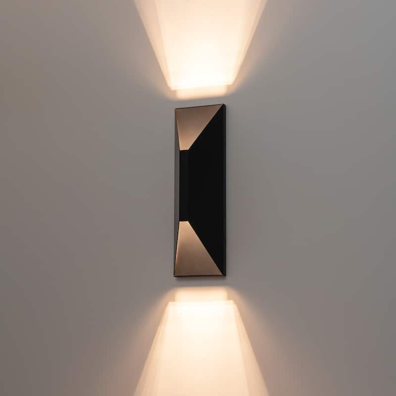 14 in. Modern Black Rectangular Geometric Integrated LED 3000K Outdoor Sconce Wall Light - 4.45 in. W x 14.06 in. H x 3.3 in. D