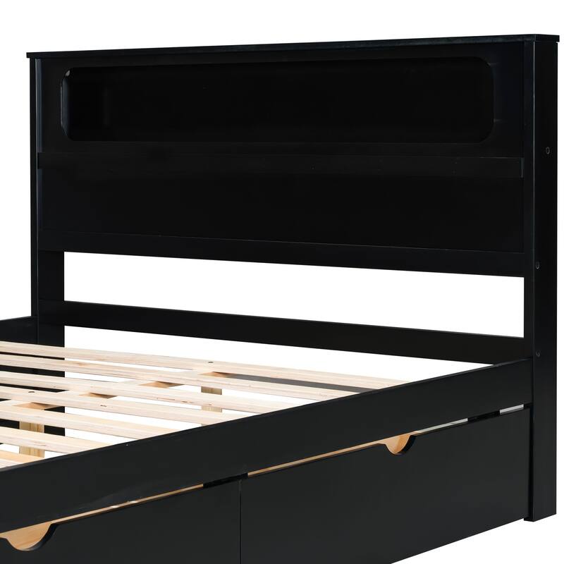 Roomfitters Twin/Full Wooden Gaming Platform Bed with LED Headboard, Desk and Drawers, Black