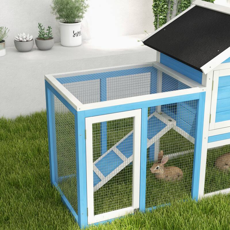 Light Blue Indoor Outdoor Wooden 2-Story Bunny Hutch with Run and Ramp Tray - 48" L x 24.75" W x 36.25" H