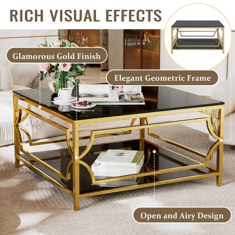 Roomfitters Square Glass Coffee Table with Gold Metal Frame, Black Top, Geometric Design & Lower Shelf, 33.5"