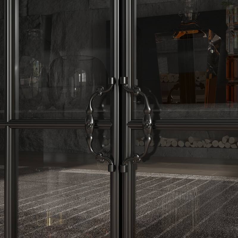 63" Black Glass Door Sideboard Cabinet with LED Lights, Metal Frame Storage Buffet Cabinet Wine Cabinet