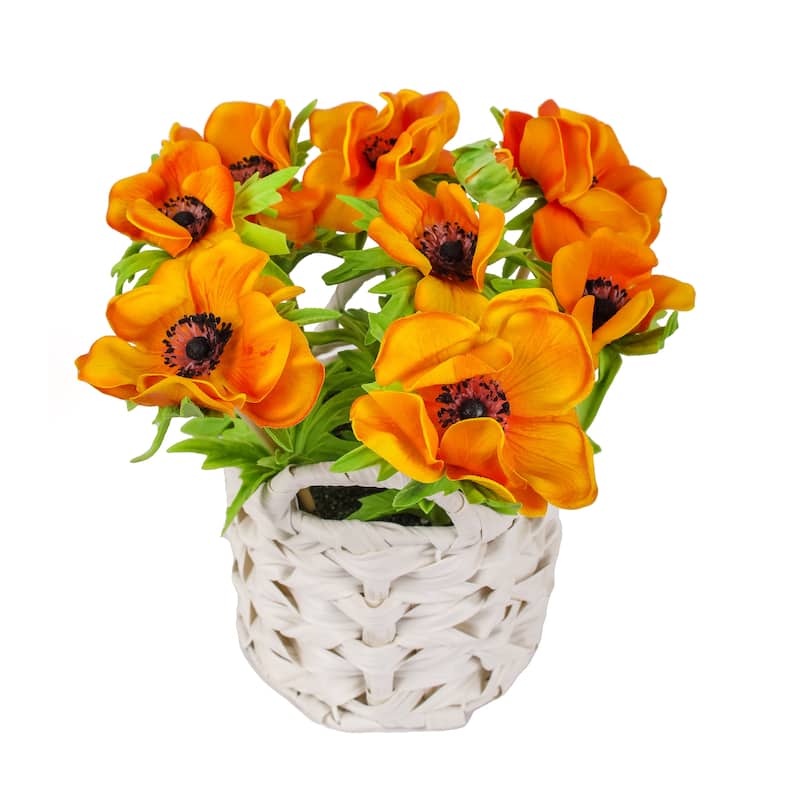 National Tree Company 10 in. Orange Anemone Flower Bouquet in White Basket - 10 in